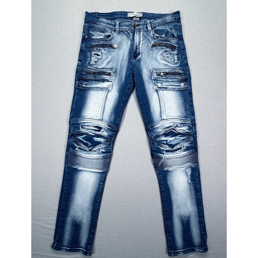 Bleecker & Mercer Moto Jeans Mens 34x32 Good Blue Acid Wash Distressed Zipper